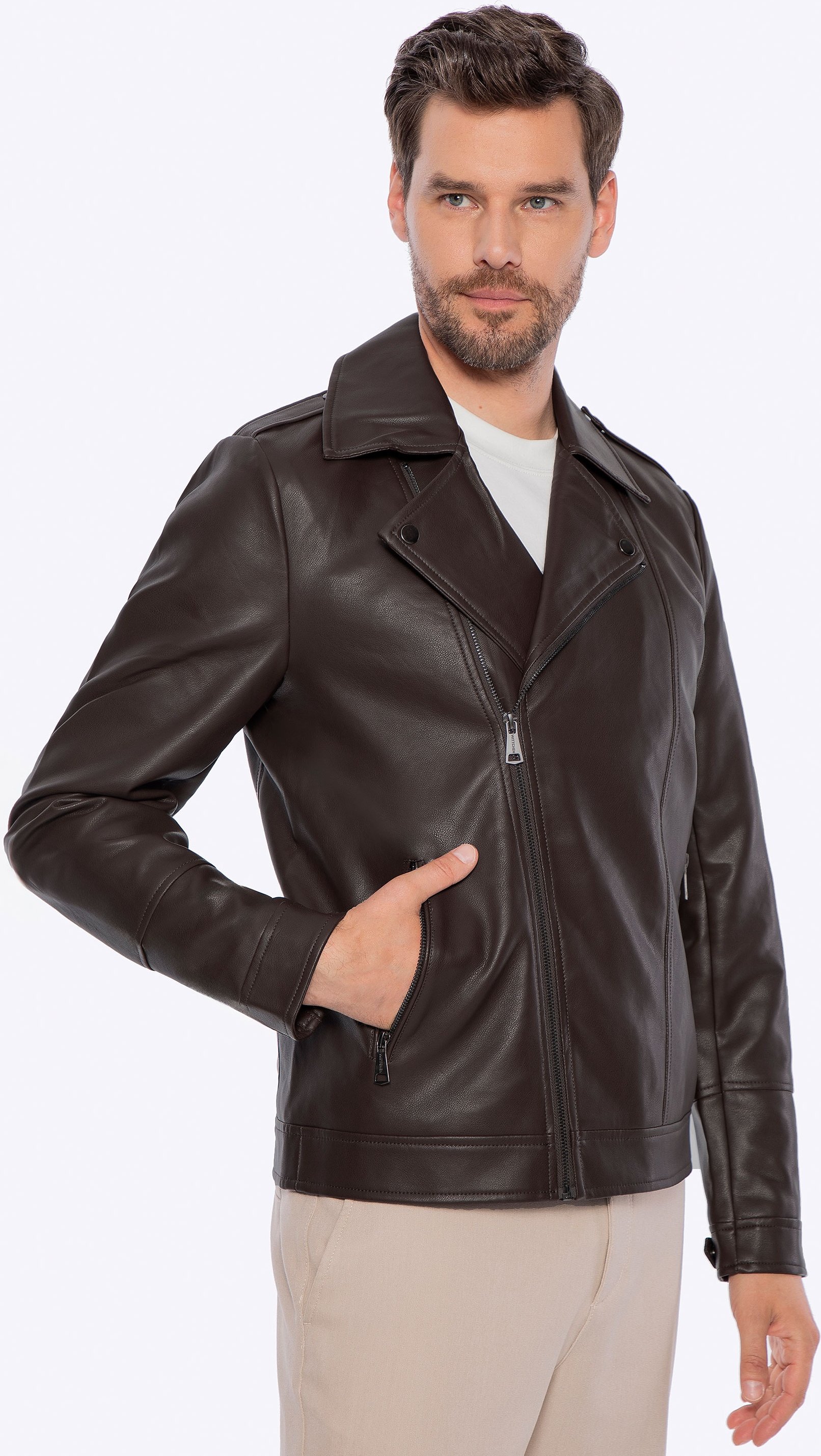 Wittchen Herren-Bikerjacke aus Öko-Leder mit Schulterklappen, dunkelbraun