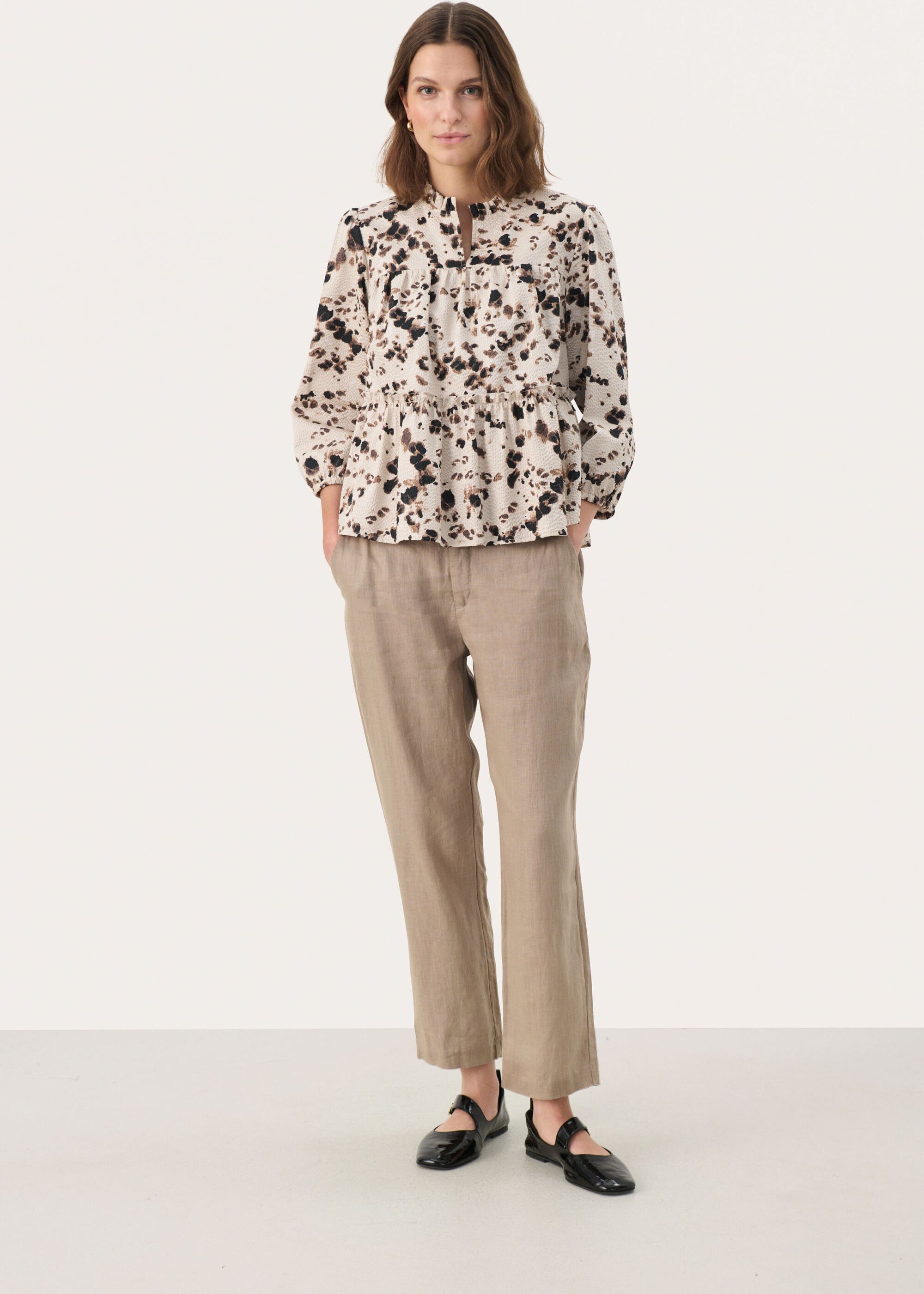 Langarm-Bluse Gerade Passform Neutral Leopard Print