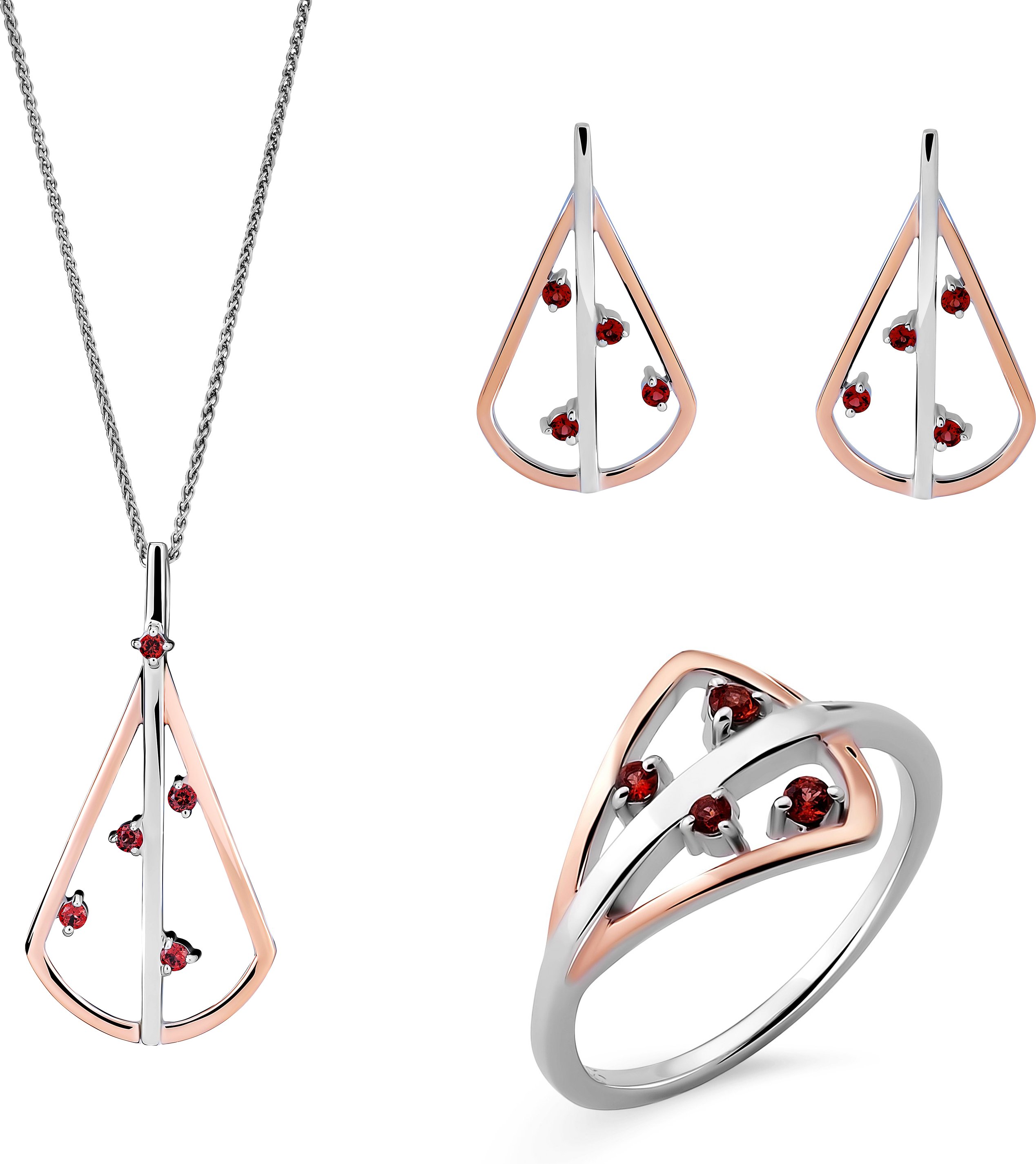 Orphelia 'Sacha' Damen 925 Sterling Silber Set: Halskette + Ohrringe + Ring - Silber/Rosé SET-7496