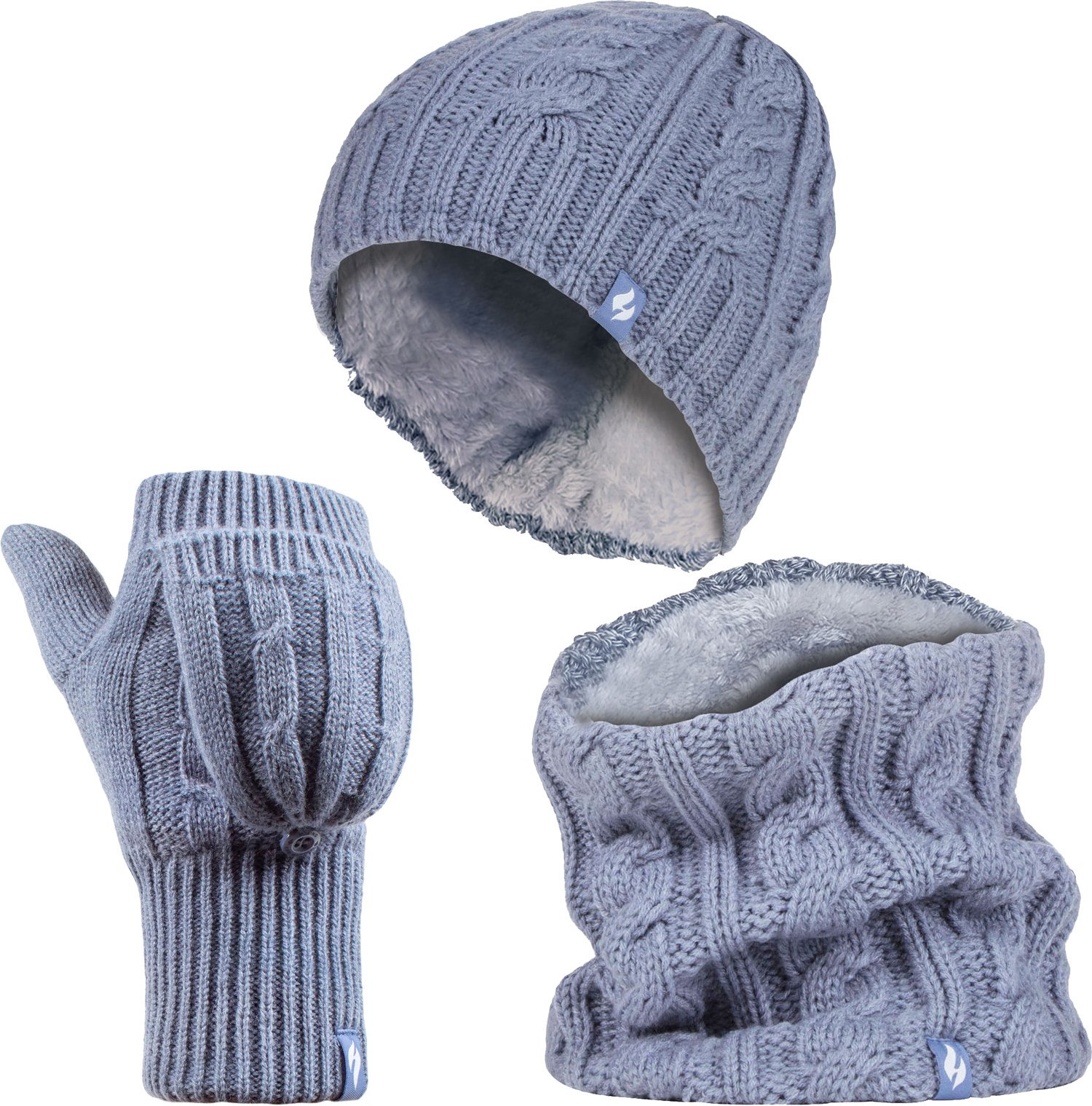 Heat Holders - Womens Thermal Winter Fleece Mütze, Halswärmer und Konverter Handschuhe Set - Dusky Blue