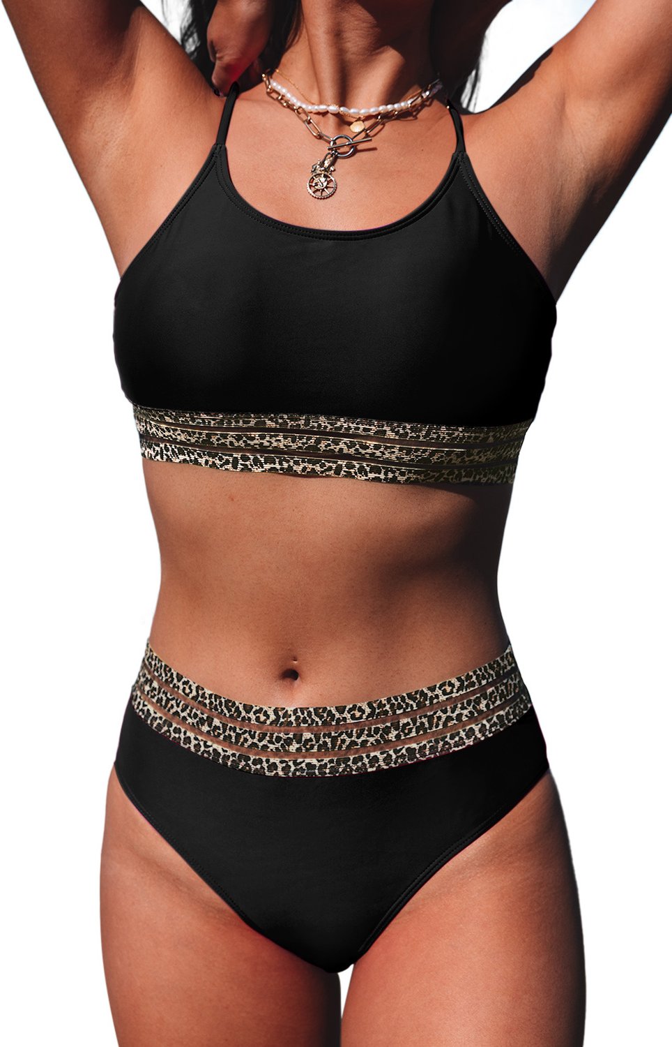 Leopardmuster Hocher Taillierter Bikini-Set - Schwarz