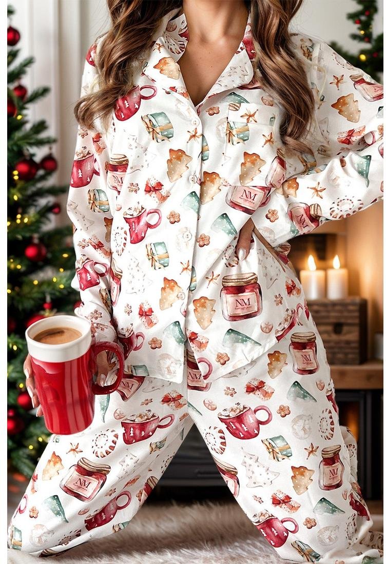 Thumbnail - Damen Bedrucktes Kragenoberteil und Hose Lounge Set