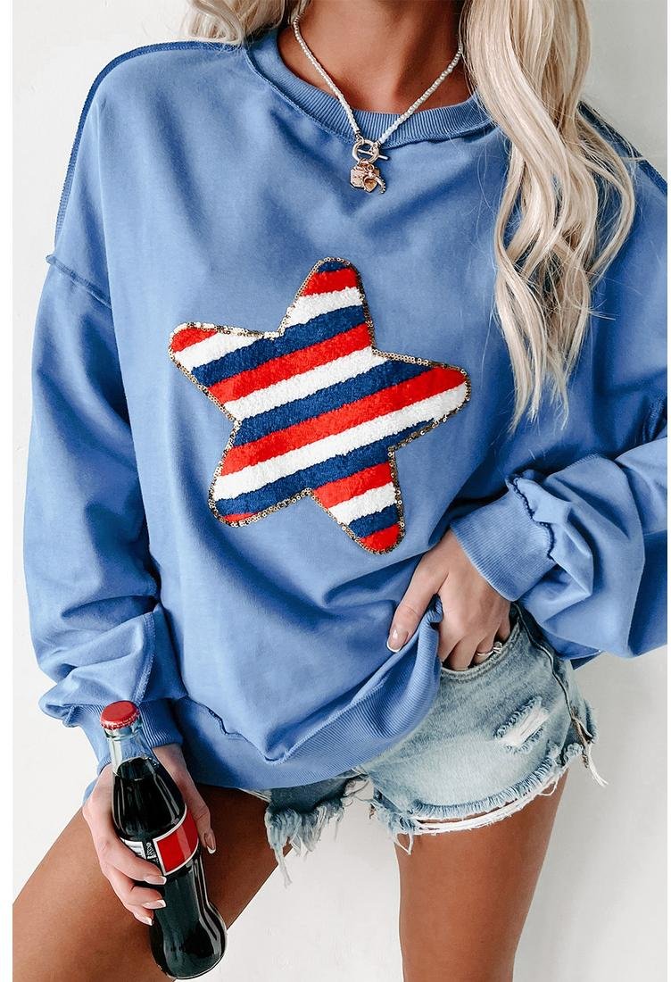 Azura Exchange Himmelblaues Sweatshirt mit Paillettenbesatz und besticktem Sterne-USA-Muster