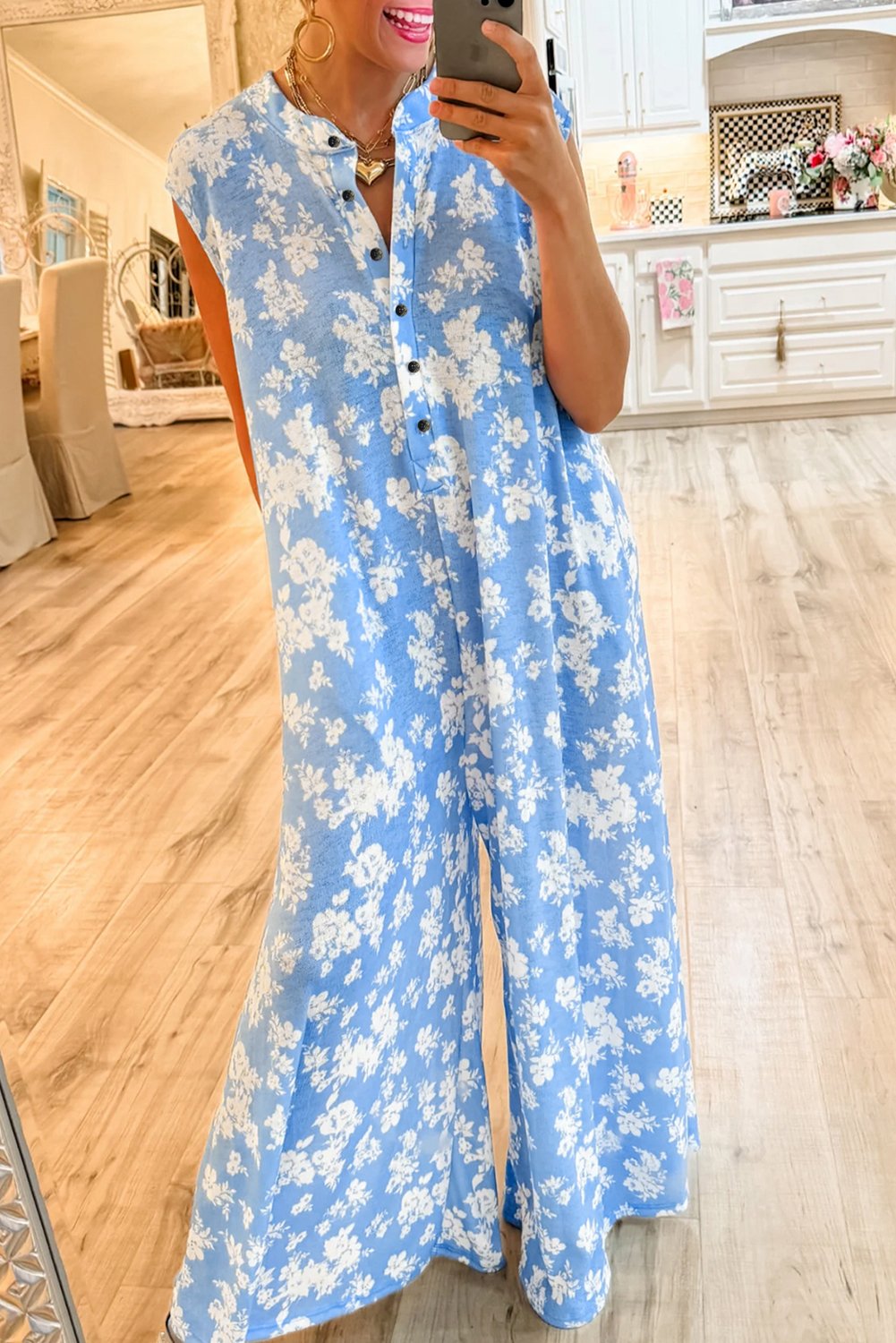 Thumbnail - Myosotis Floralprint Halbknopf Weitbeiniger Entspanntes Ärmeloses Jumpsuit