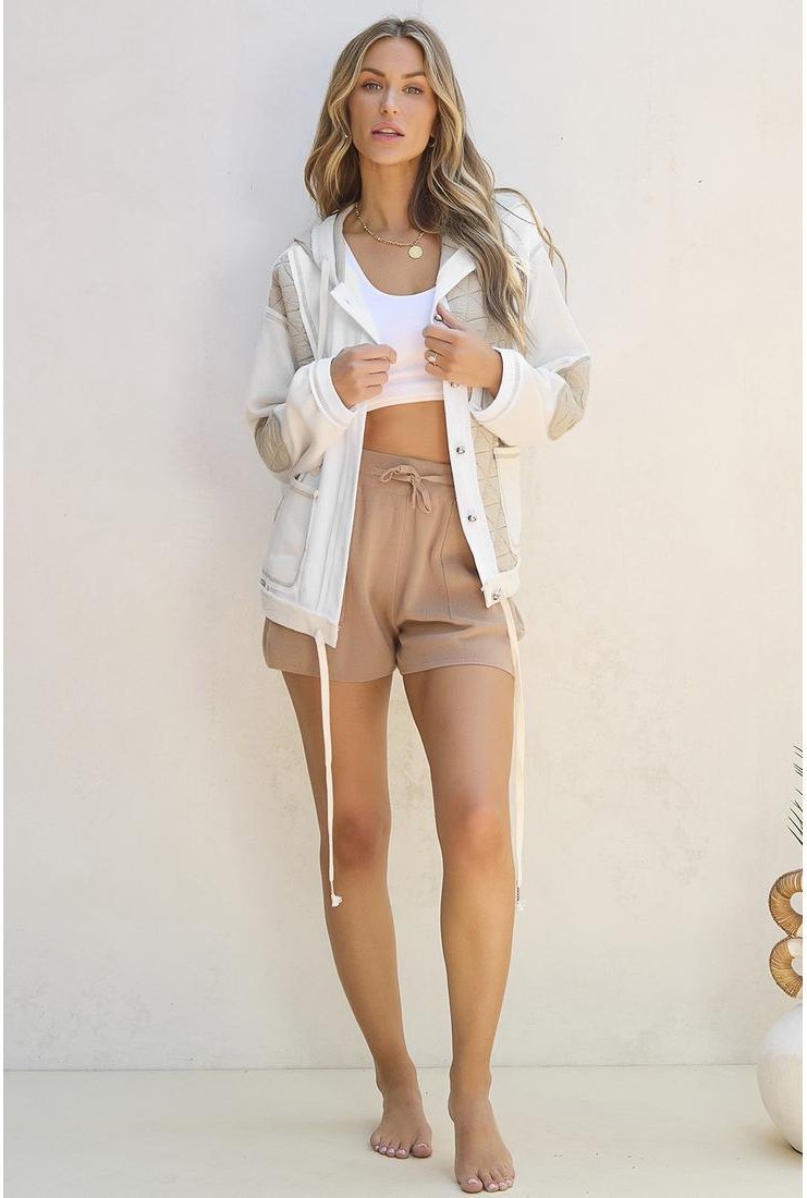 Thumbnail - Beige gesteppte strukturierte Patchwork Jacke mit lockerer Passform und Kapuze