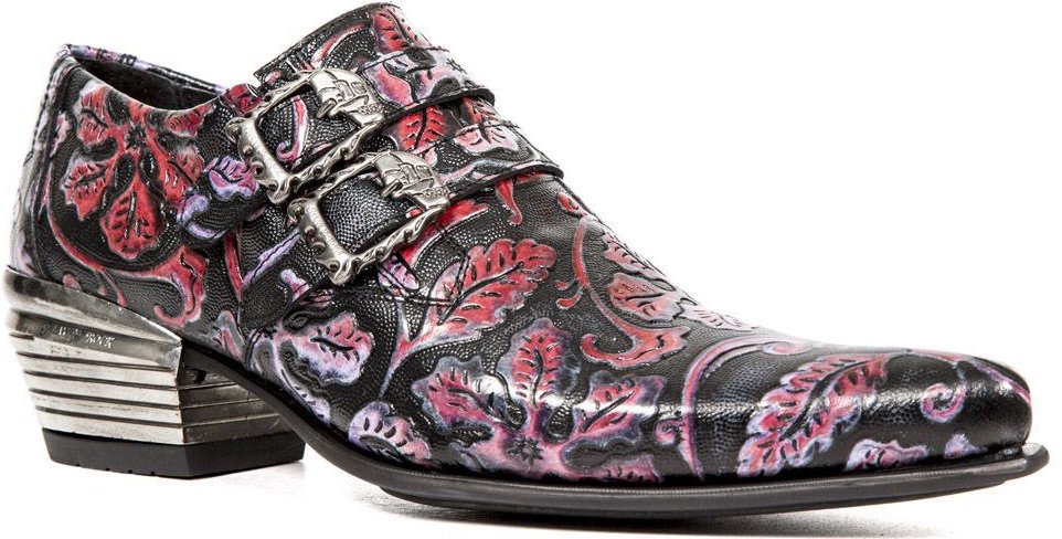 New Rock Vintage Rote Lederschnallenschuhe mit Blumenmuster-7960-S6