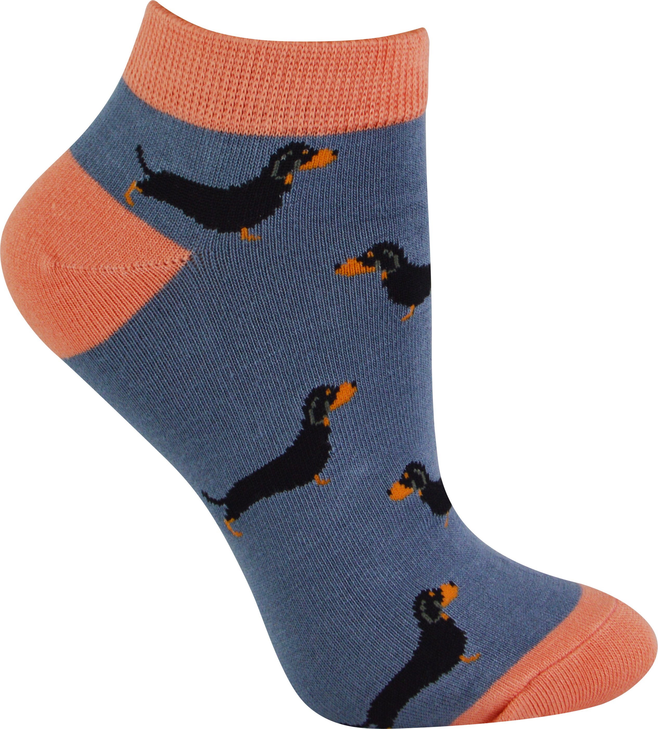 Damen Bambus Trainer Socken | Miss Sparrow | Atmungsaktive Low Cut Socken für Frauen - Sausage Dogs (Blau)