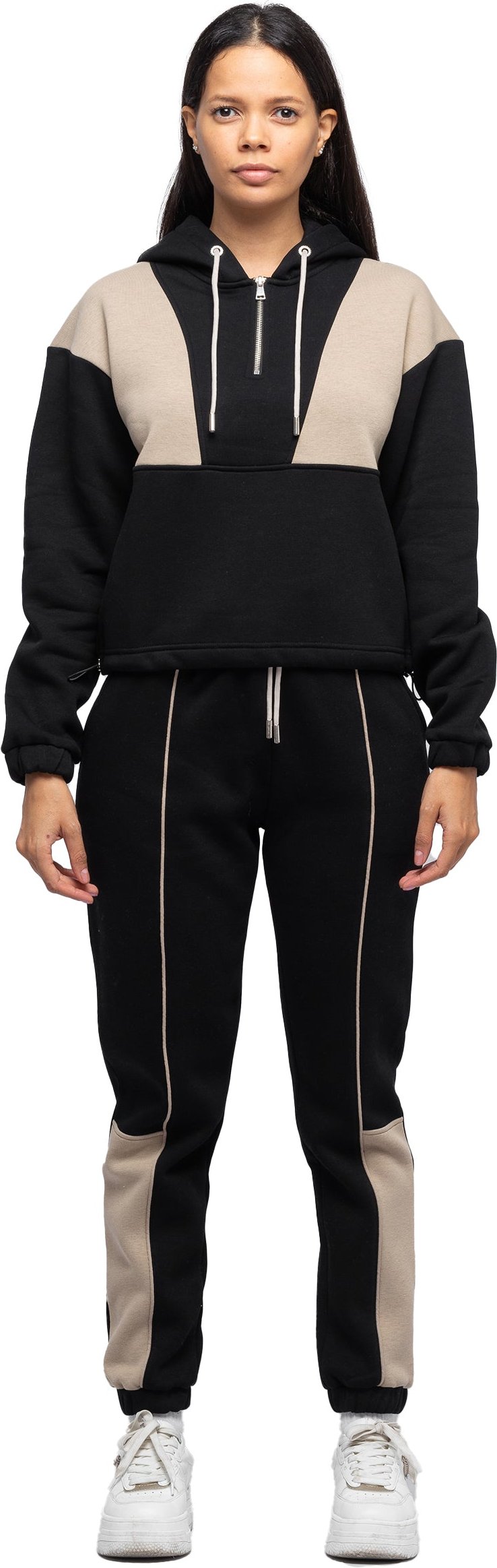 Tom Barron Moderner zweifarbiger Damen-Trainingsanzug-Set mit halbem Reißverschluss