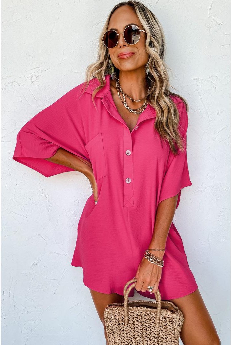 Thumbnail - Azura Exchange Heller Pink Halbknopf-Kragen Lockerer Jumpsuit