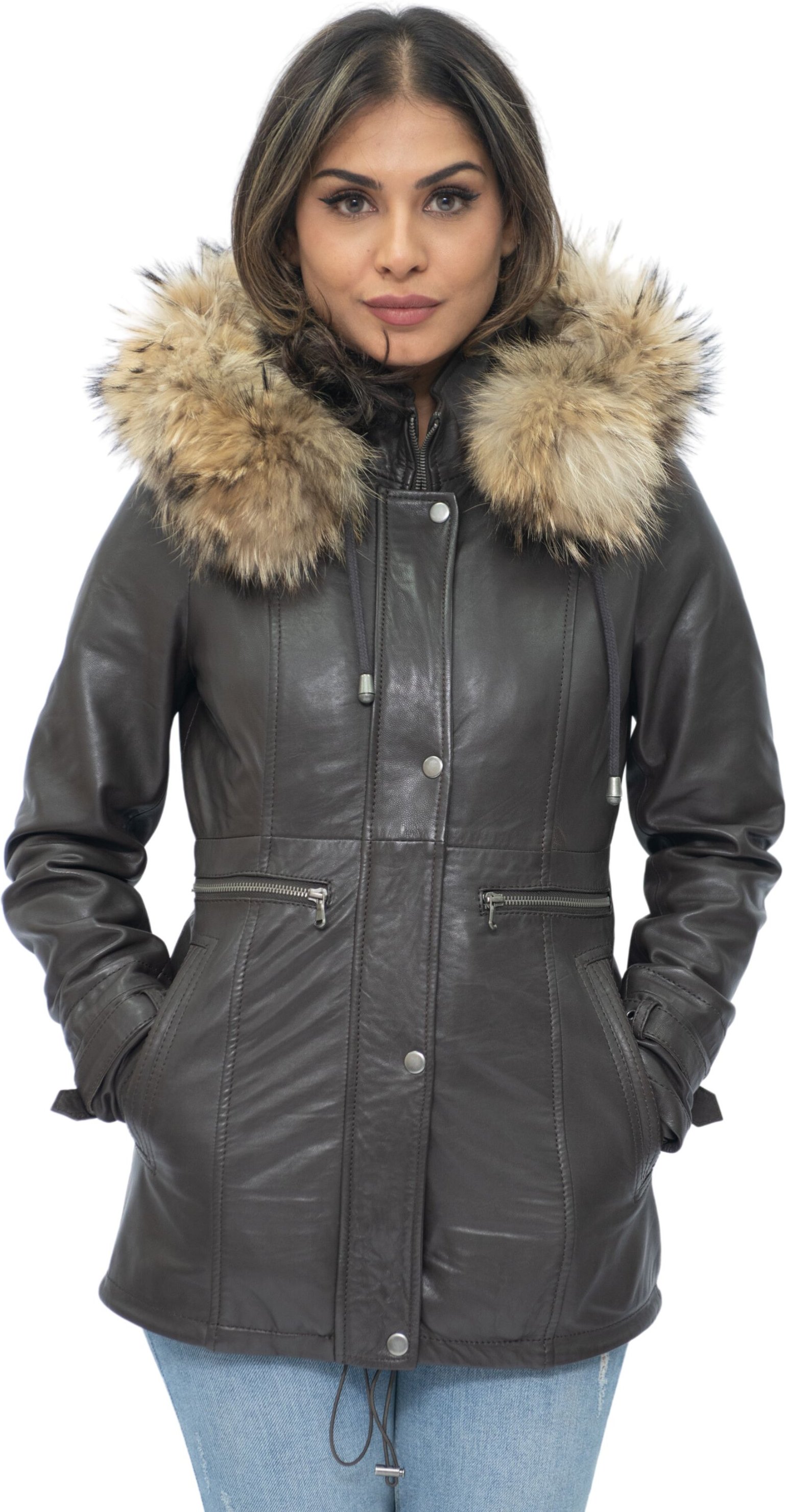 Damen-Parkajacke aus Leder mit Kapuze – Putian