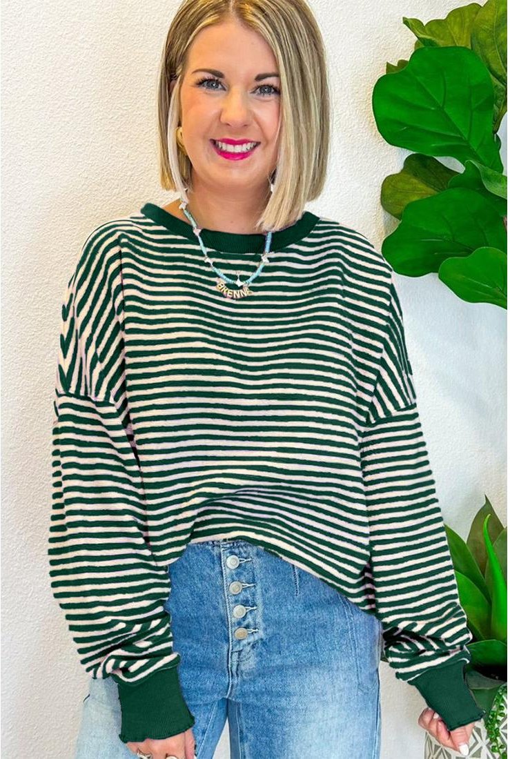 Thumbnail - Azura Exchange Grüner Streifen Lockerer Drop-Shoulder Langarm-Top