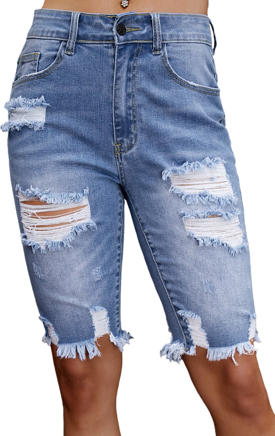 Thumbnail - Himmelblau zerrissene Fransen Bermuda-Jeansshorts