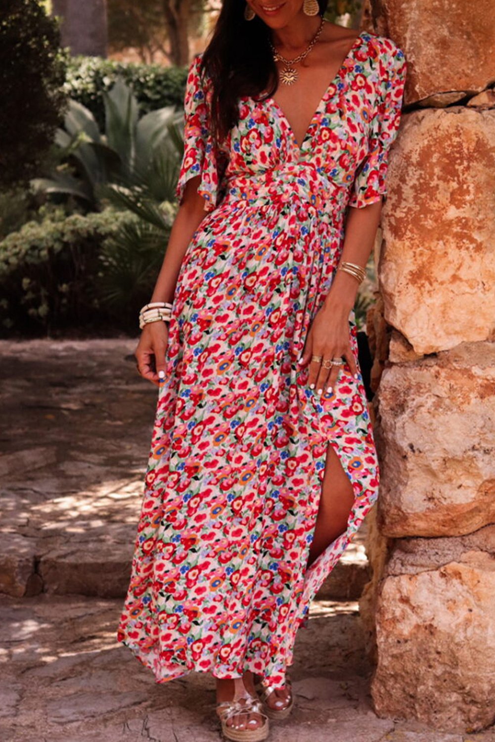 Maxi-Kleid mit Blumenmuster und seitlichem Schlitz