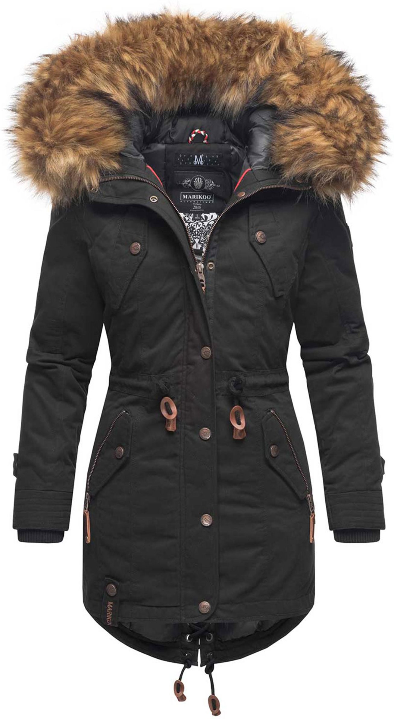 Marikoo Damen Winterjacke mit abnehmbarem Kunstfellkragen & Taillenzug