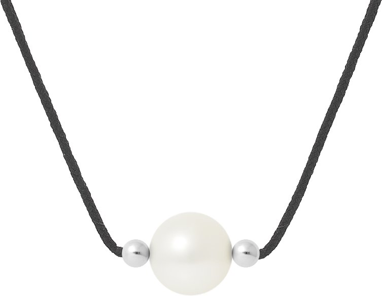 Collier Perle d'Eau Douce Ronde 9-10 mm Blanche Nylon Noir Argent 925