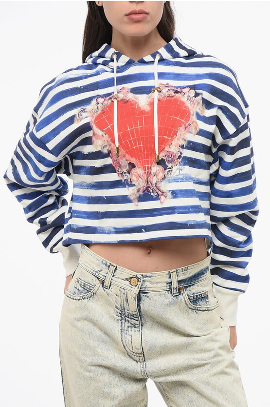 Zweifarbig gestreifter Cropped Hoodie mit Herz-Print in Bianco, Blu