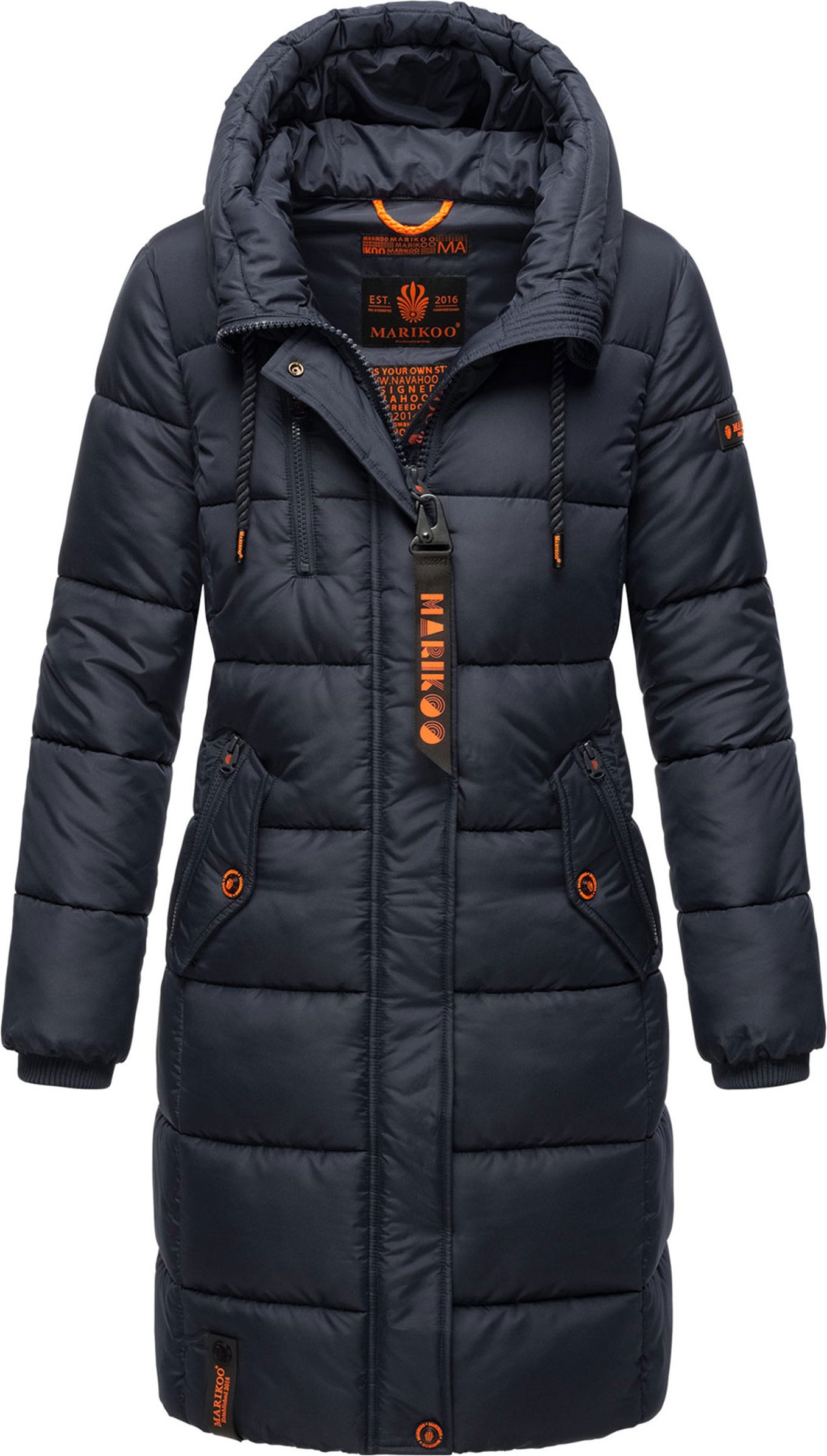 Marikoo Damen Winterjacke – Lange Steppjacke mit Kapuze & vielen Taschen