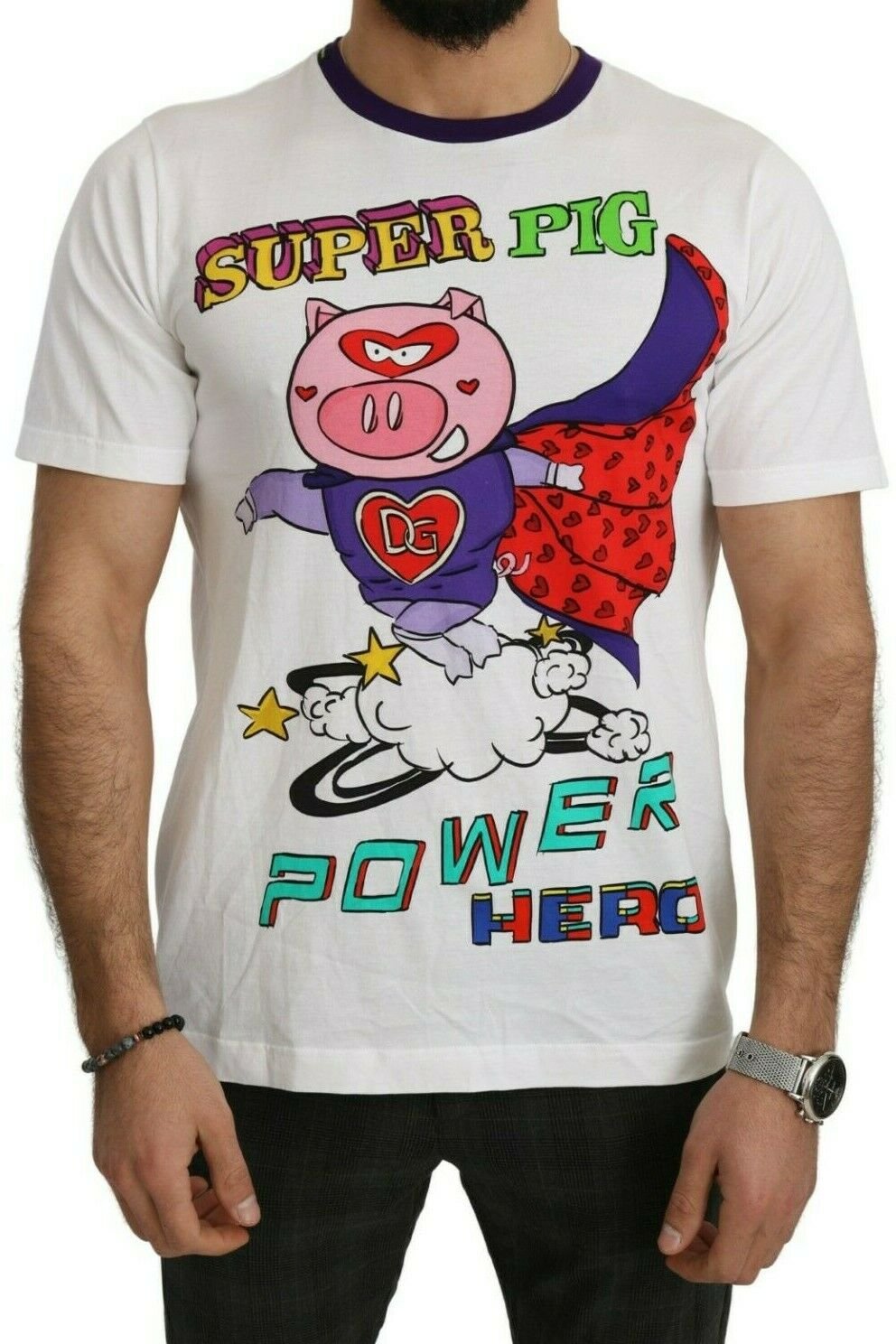Dolce Gabbana Weißes Baumwolloberteil Super Power Pig T-Shirt