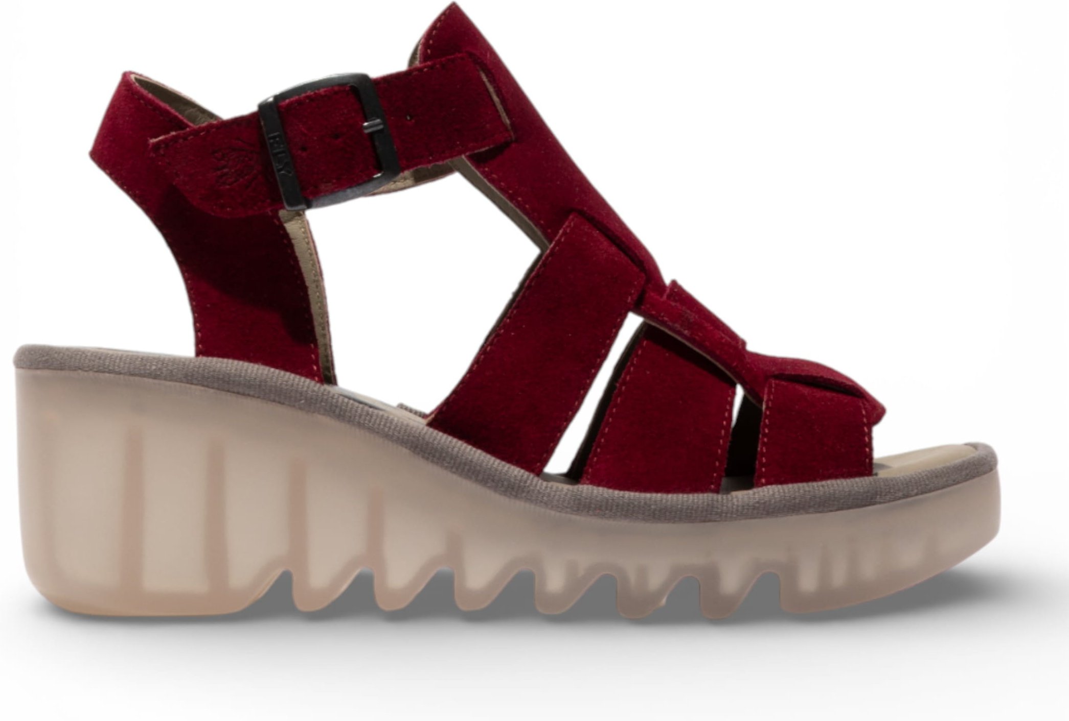 Fly London Damen-Keilsandalen BAIC621FLY aus beerenrotem Wildleder