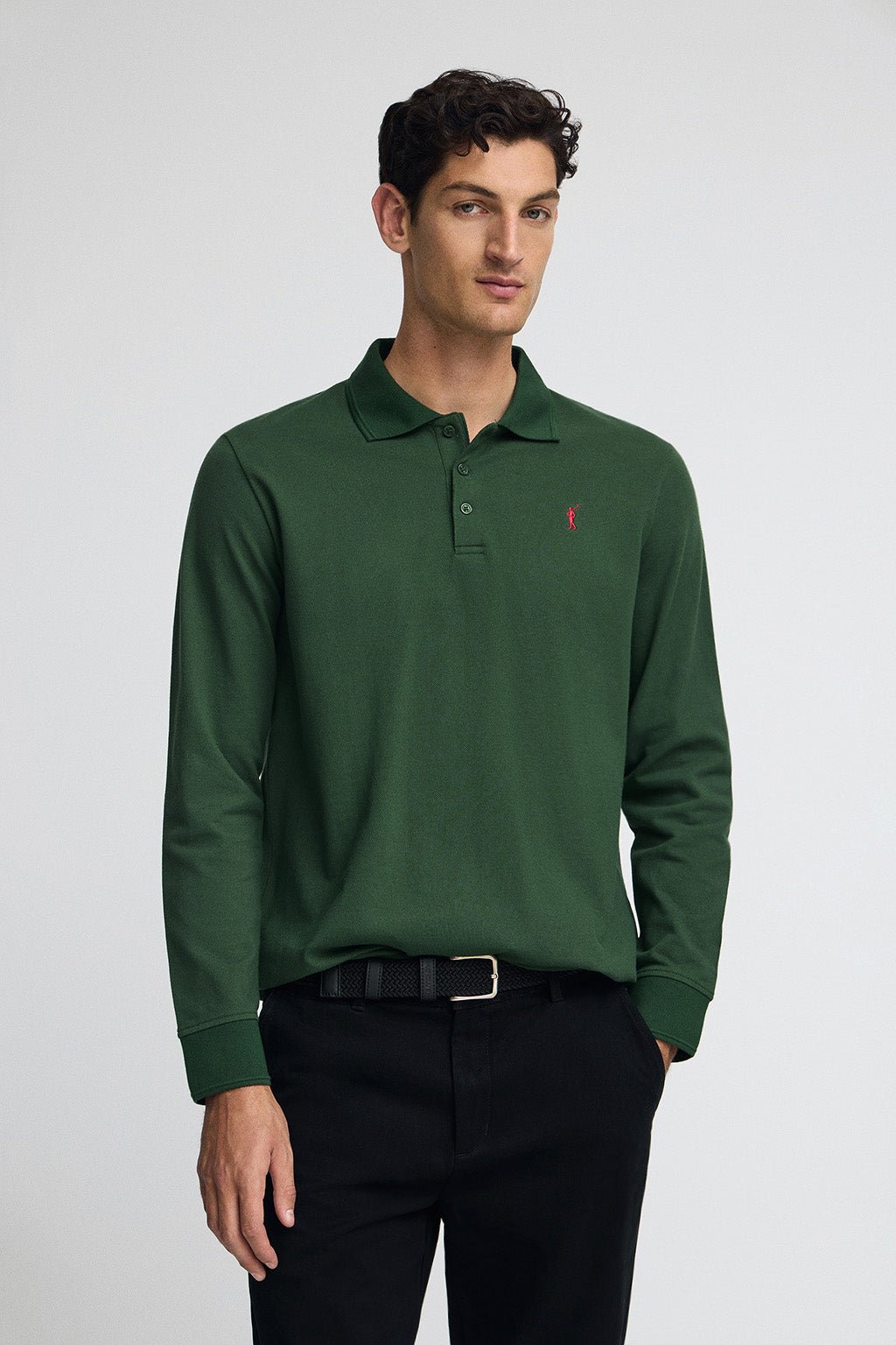 Poloshirt flaschengrün mit langen Ärmeln und gesticktem Rigby Go-Logo