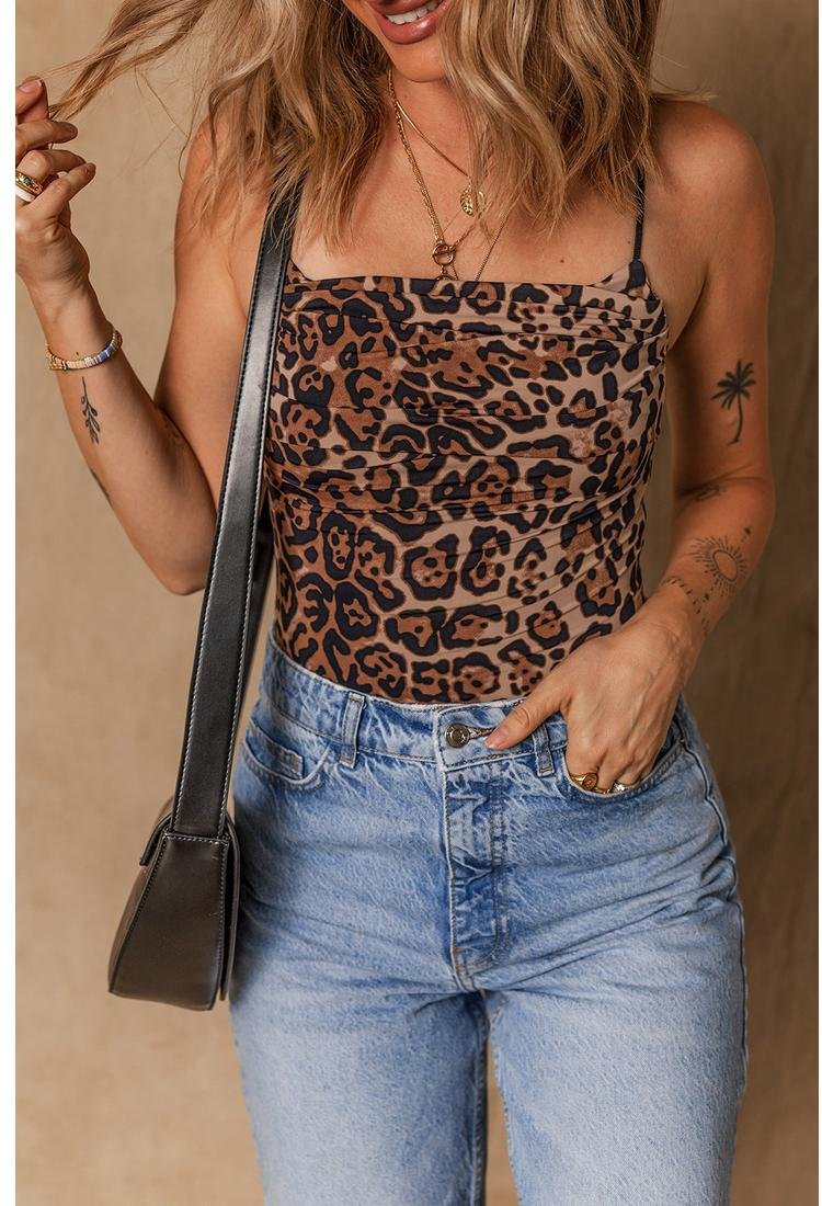 Bodysuit mit Ruschen und Spaghettitragern mit Leopardenmuster