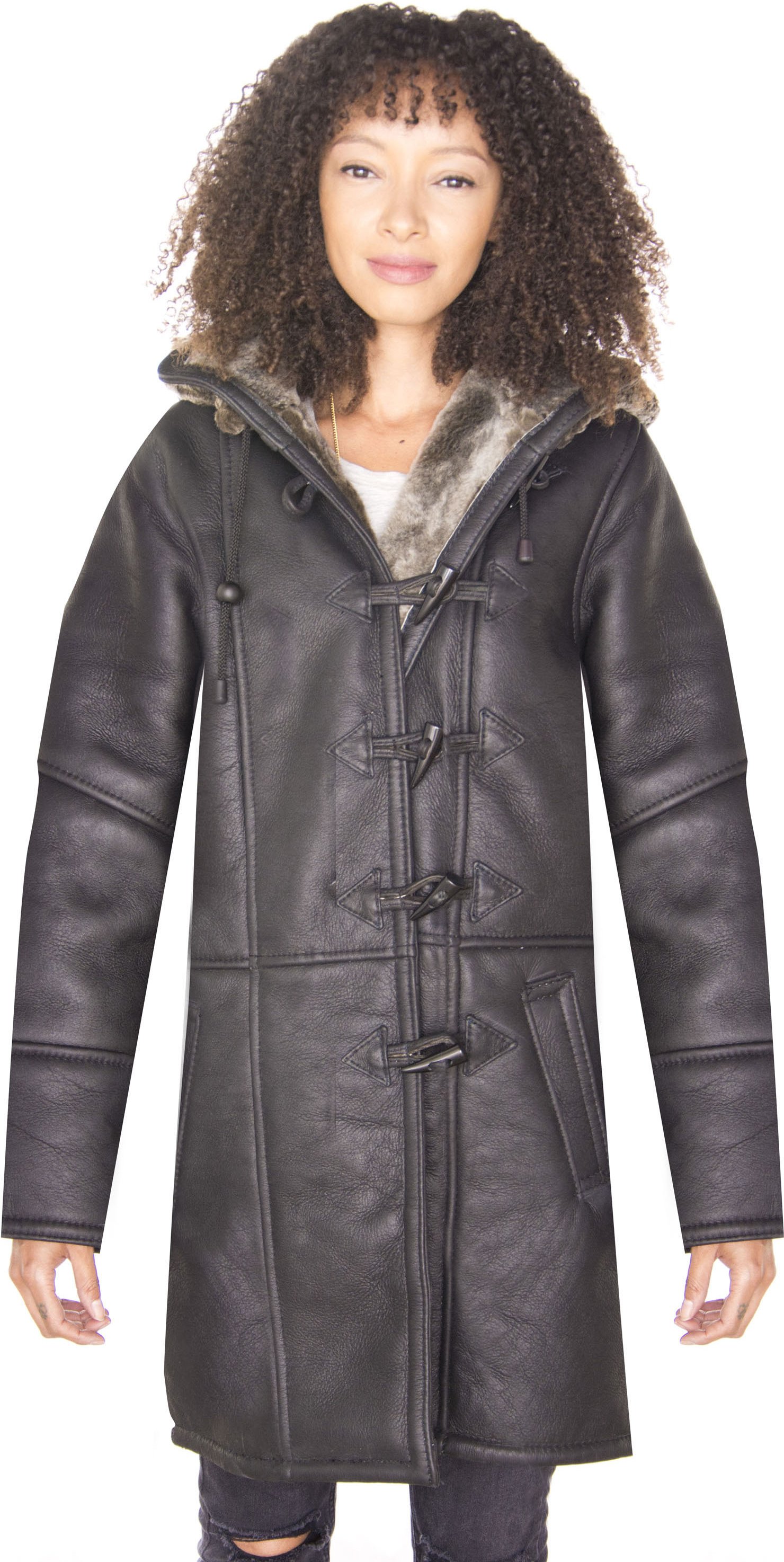 Damen Dufflecoat aus schwarzem Lammfell mit Kapuze-Lille
