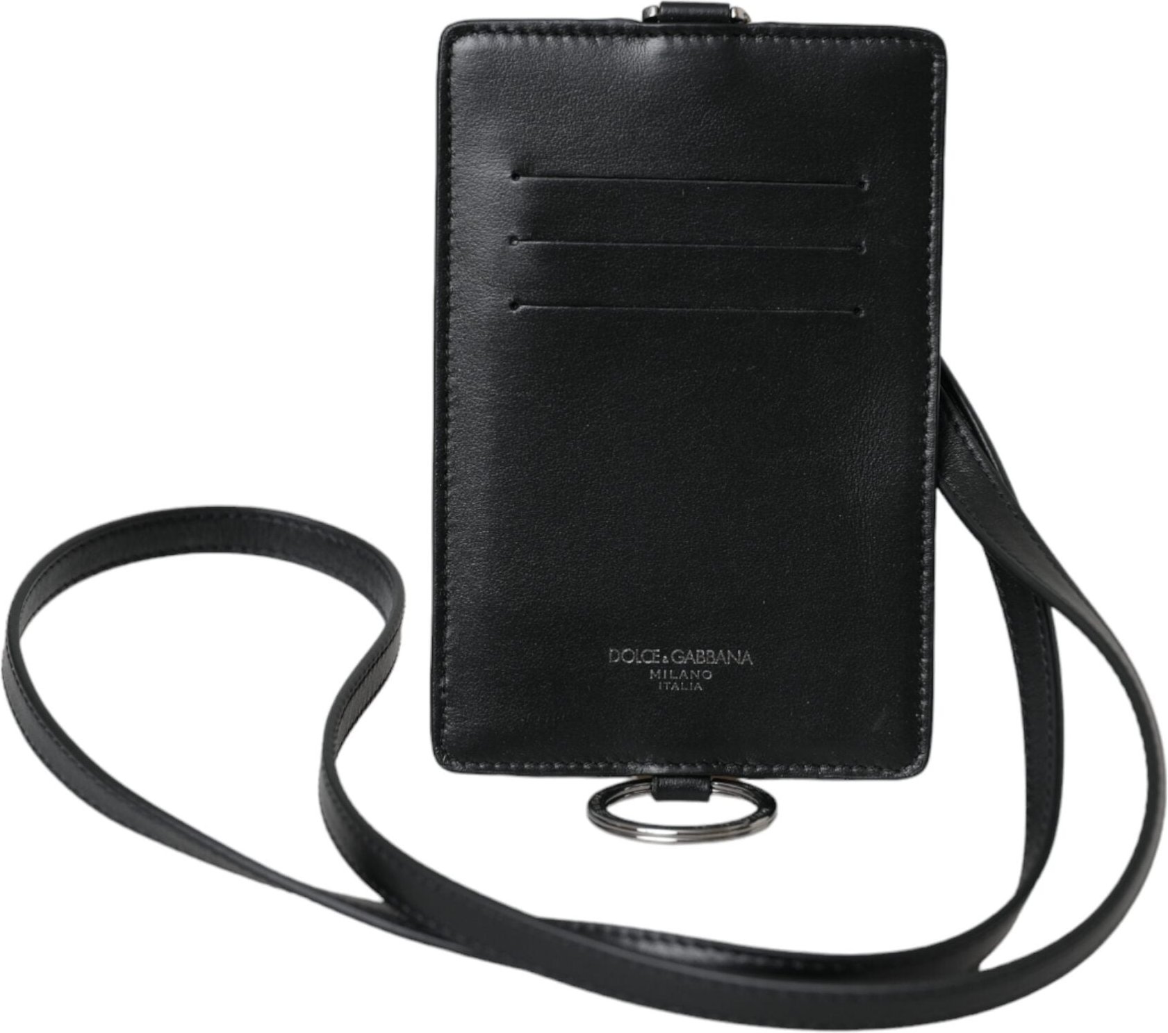 Dolce & Gabbana Schwarze Kalbleder Lanyard Logo Kartenhalter Herren Geldbörse