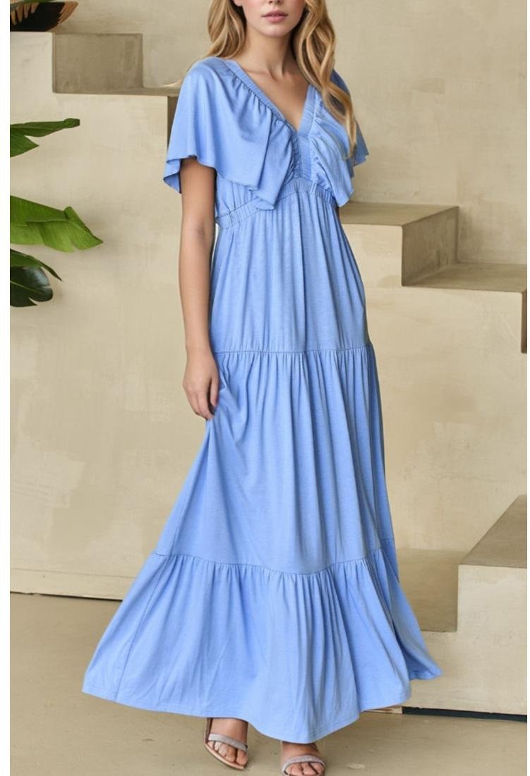 Thumbnail - Damen Maxikleid mit Rüsche, V-Ausschnitt und Schmetterlingsärmeln