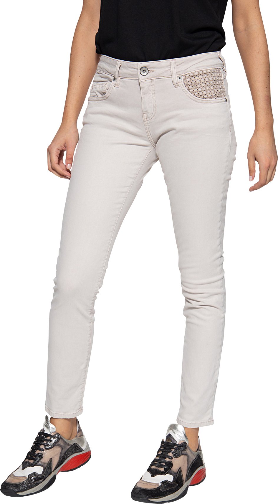 Amor, Truth & Trust Damen ATT JEANS 5-Pocket Jeans mit Lochstickerei am Tascheneingriff Leoni beige