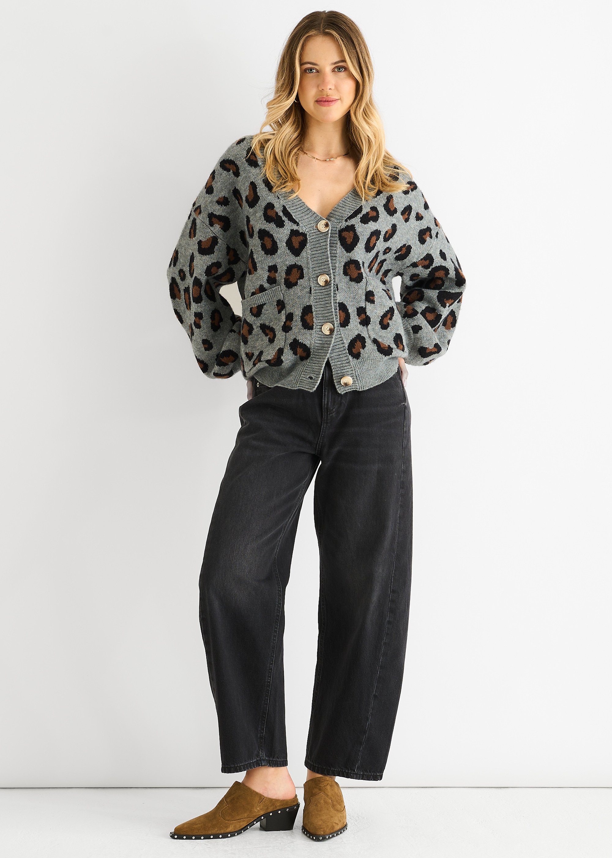 Thumbnail - Graue kurze Strickjacke mit Tiermuster