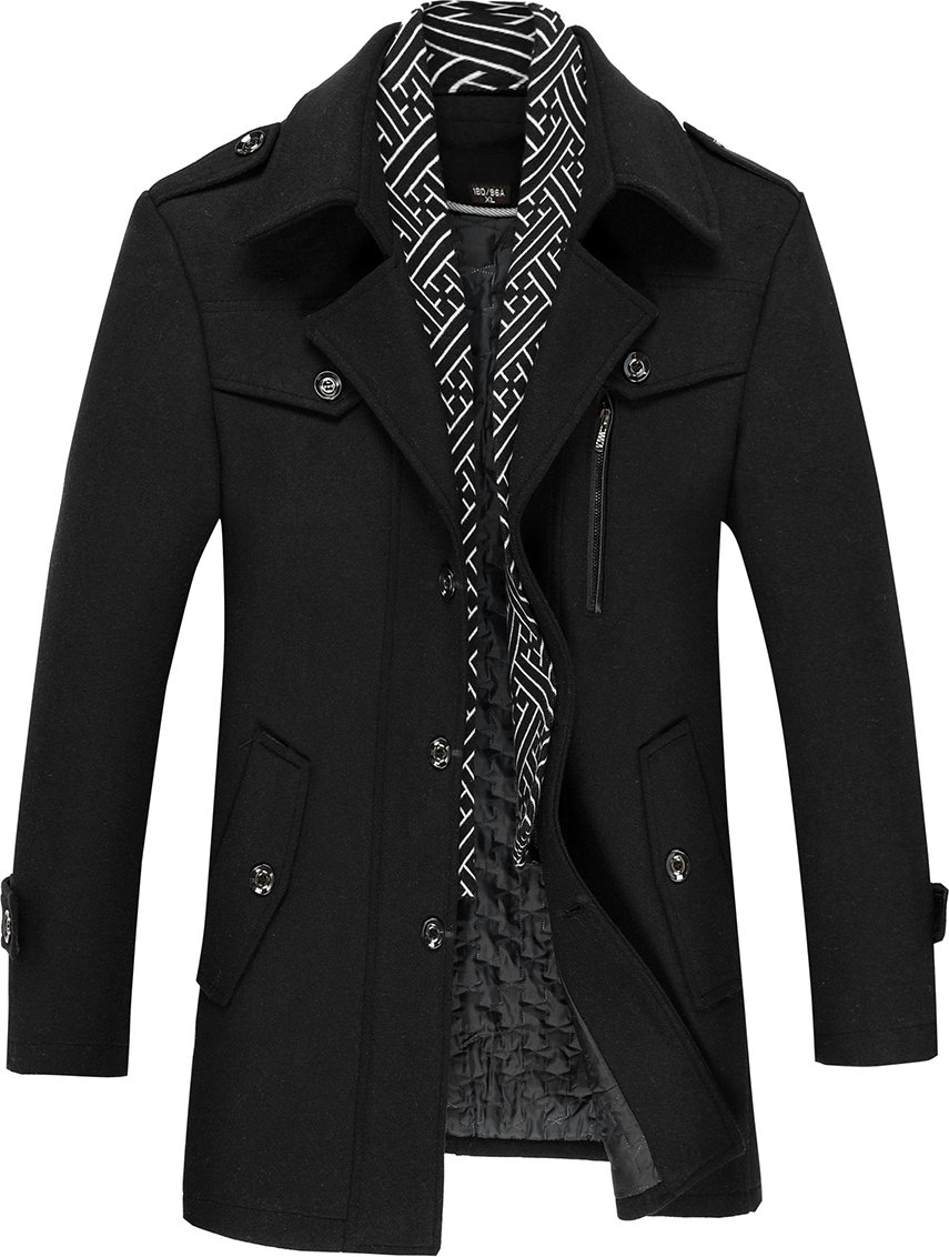 Herren Winter Verdickter Einfarbiger Revers Lässiger Wollmantel mit Gestreiftem Kragen Kamel Schwarz