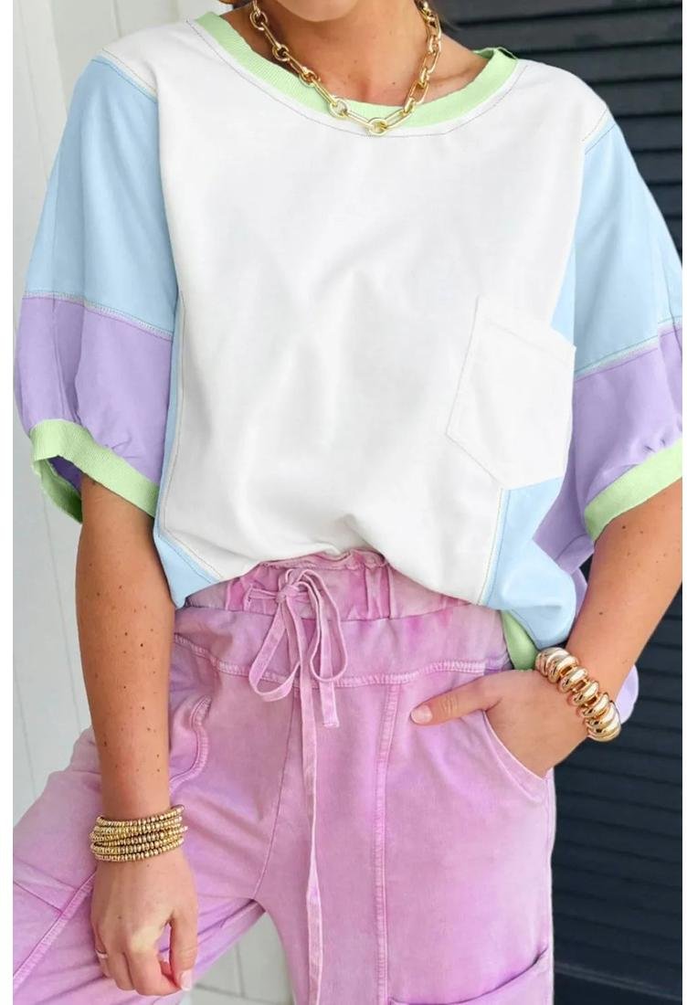 Color-Block-Patchwork-Oversize-T-Shirt mit halben Armeln und Tasche
