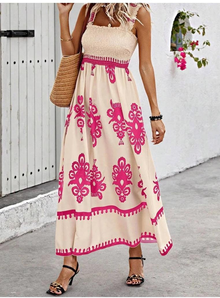 Thumbnail - Damen Smocked Gedrucktes Maxikleid mit Breiten Trägern