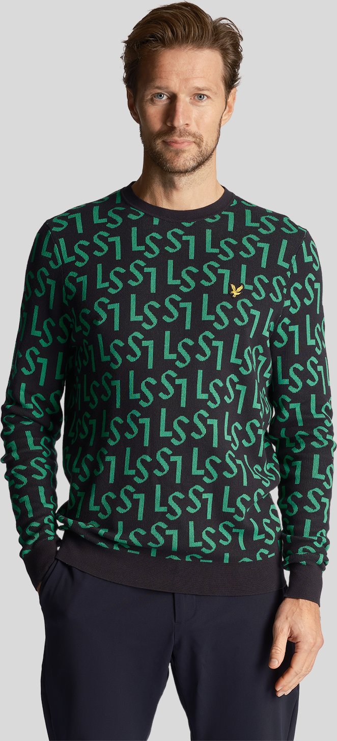 Thumbnail - Lyle & Scott Herren-Golfmonogramm-Strickpullover mit Rundhalsausschnitt in Marineblau