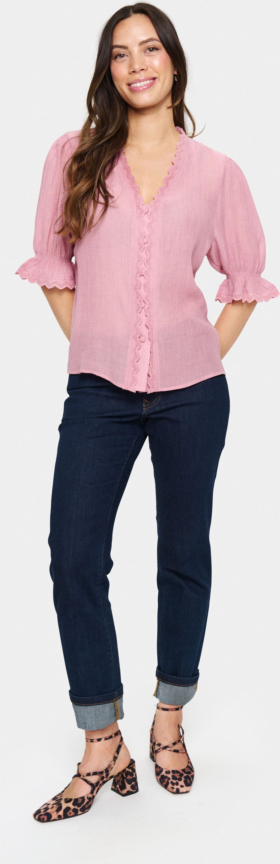 Thumbnail - Kurzarm-Bluse Gerade Passform Pink Nectar rose