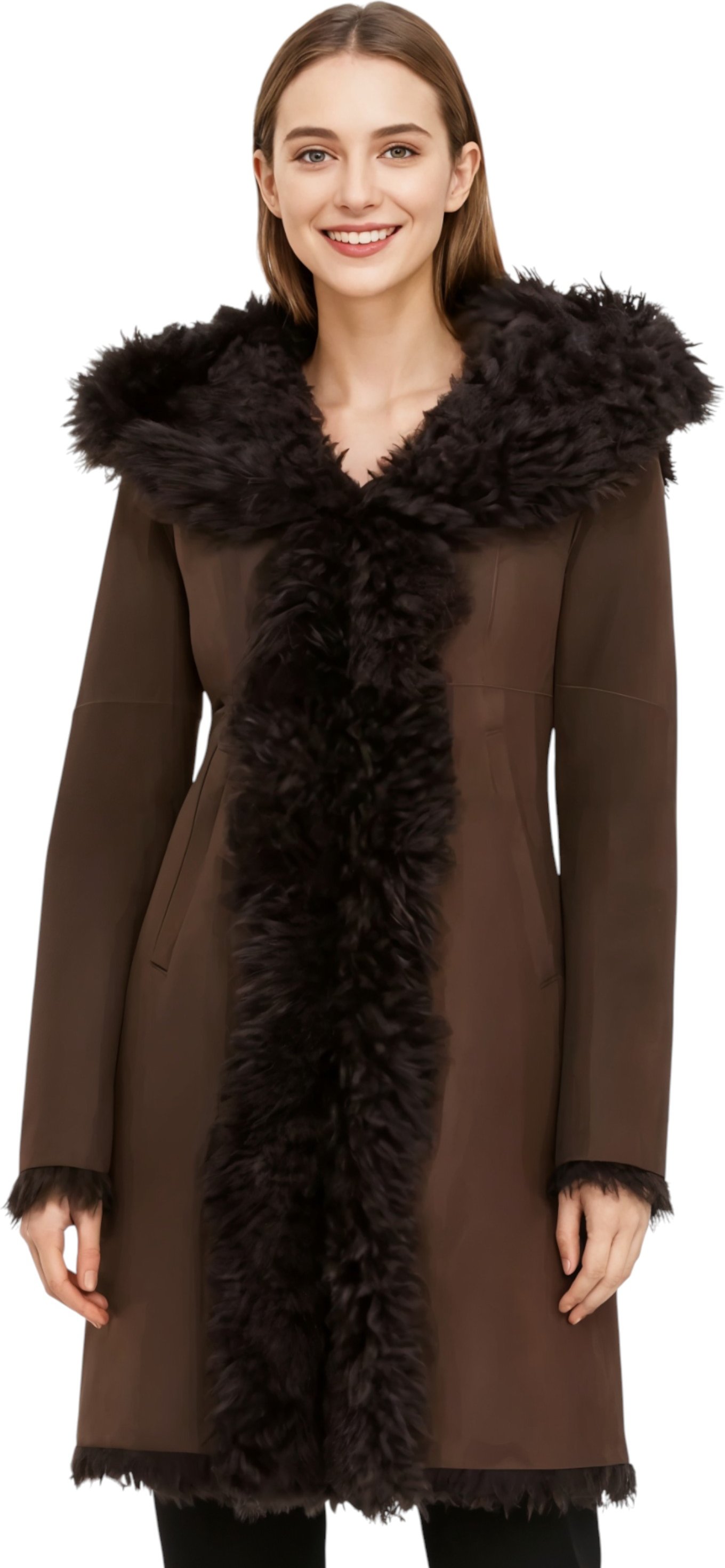 Brauner Damen-Trenchcoat mit Kapuze aus echtem Schafleder, Modell Toscana - Verona