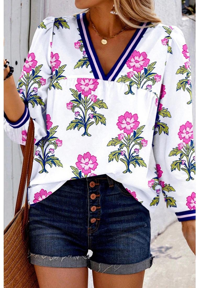 Thumbnail - Bluse mit V-Ausschnitt und langen Ärmeln aus fließendem Material mit floralem Muster