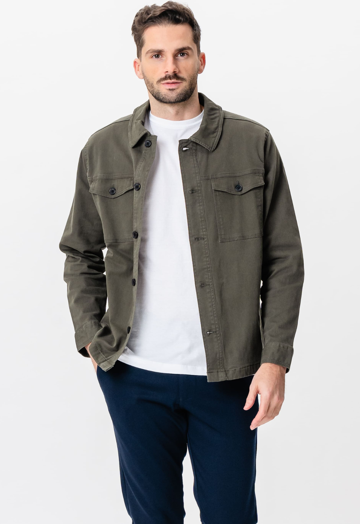 Thumbnail - Twill-Overshirt – Dunkeloliv