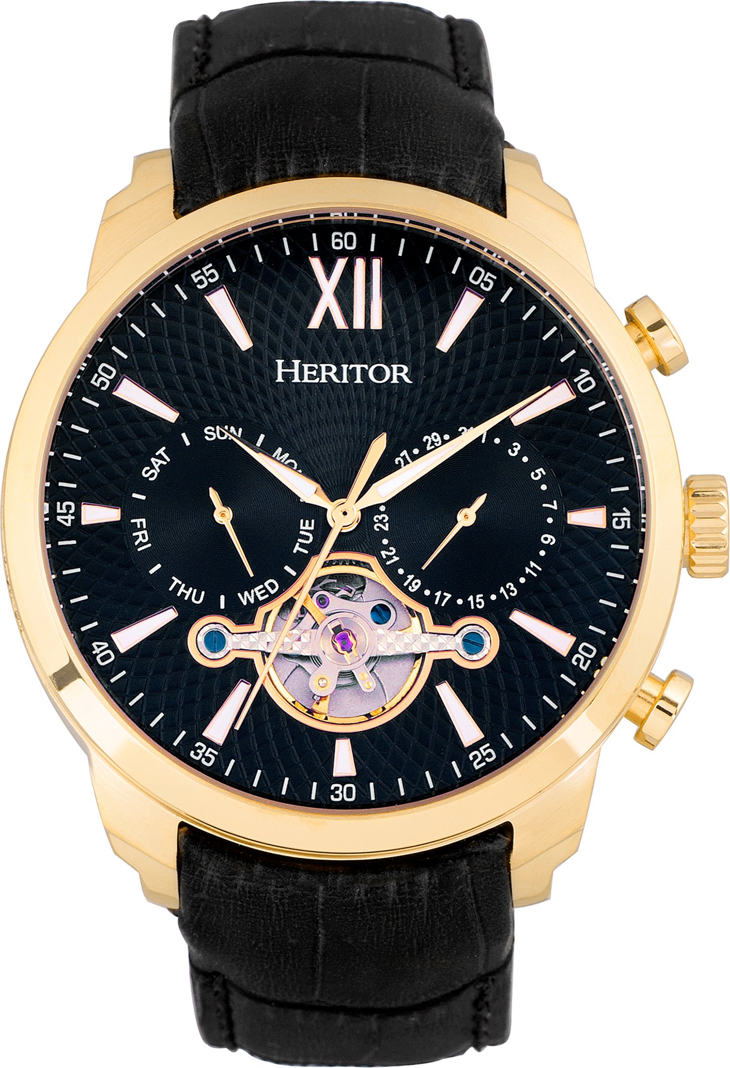 Heritor Automatik Arthur Semi-Skelett Lederarmbanduhr mit Tag/Datum