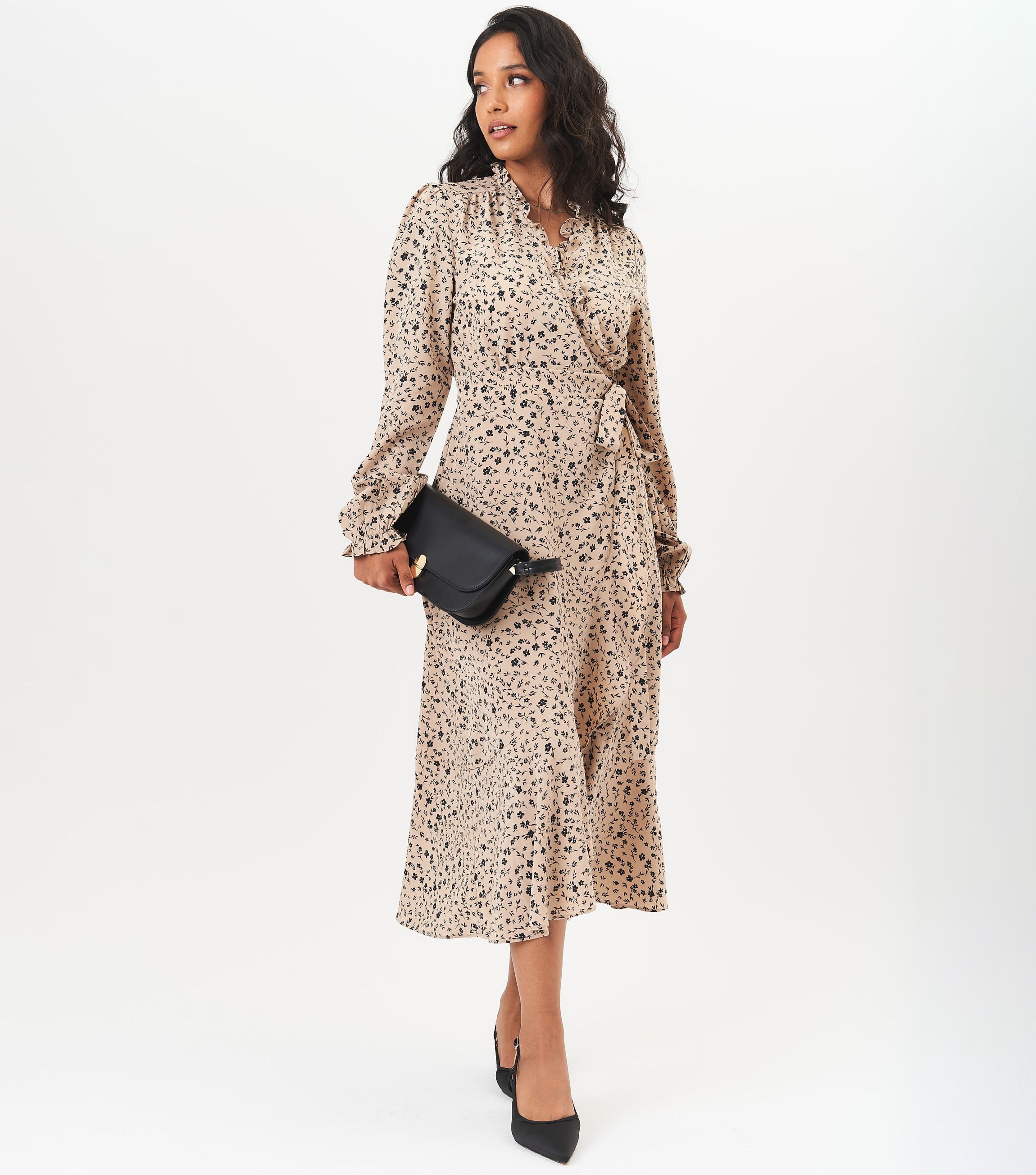 Neutrales Wickel-Midikleid mit Rüschendetail