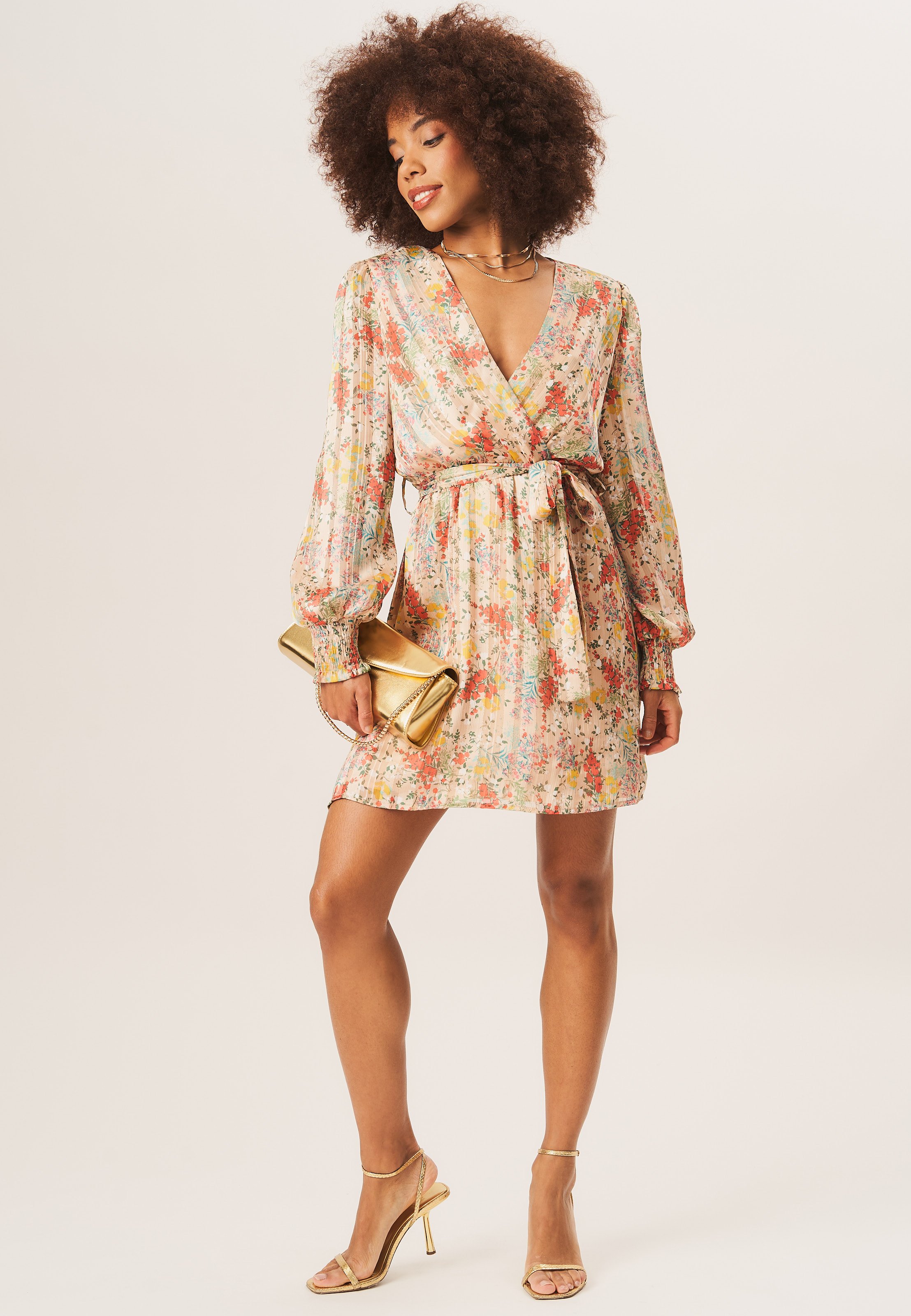 Mehrfarbig gestreiftes Chiffon-Jacquard-Wickelminikleid