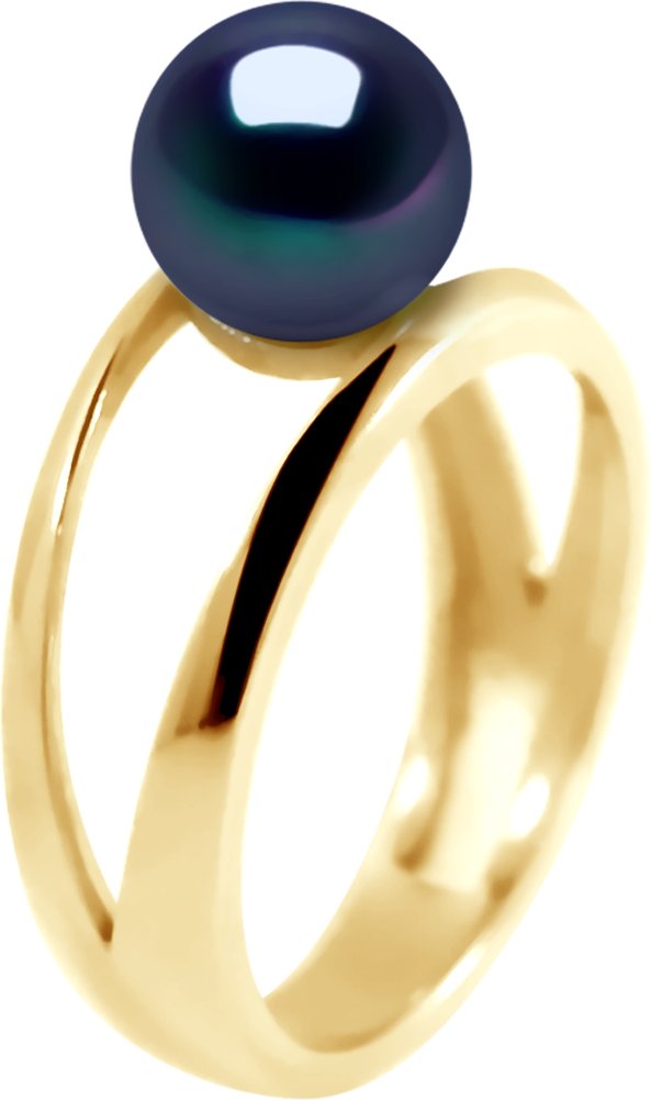 DIADEMA - Ring in Gelbgold - Echte Süßwasserperlen - Schwarzer Tahitian Style