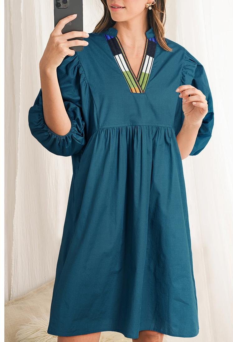 Thumbnail - Blau-Saphir Farbblock Geteilter V-Ausschnitt Puffärmel Mini-Kleid