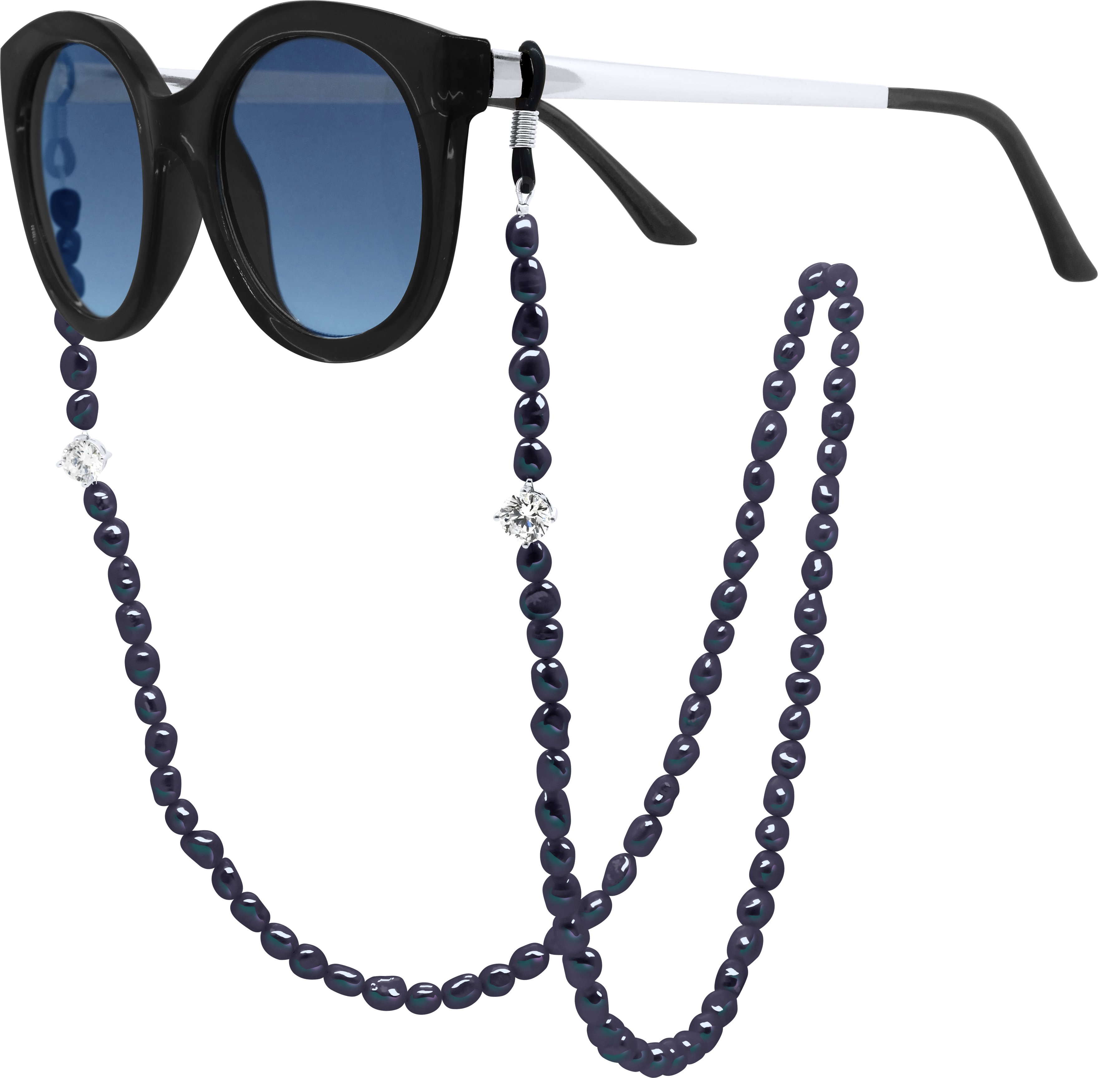 Brillenhalter aus Perlenreihe – echte Süßwasser-Zuchtperlen im Barockstil, 6–7 mm