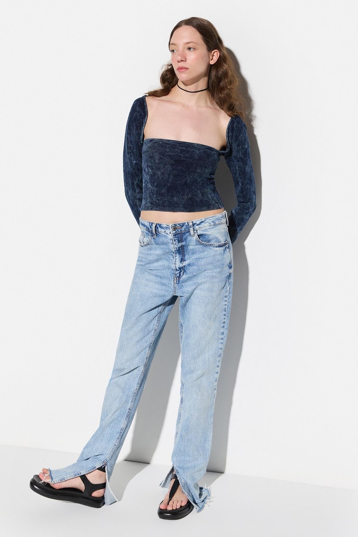 Langarm Square Neck Crop Samt Top