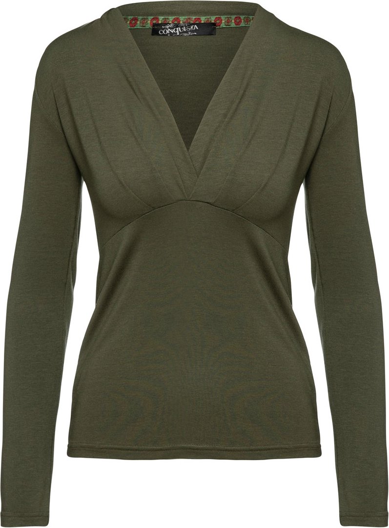 Thumbnail - Khakifarbenes langärmeliges Faux Wrap Top aus nachhaltigem Stretch-Jersey