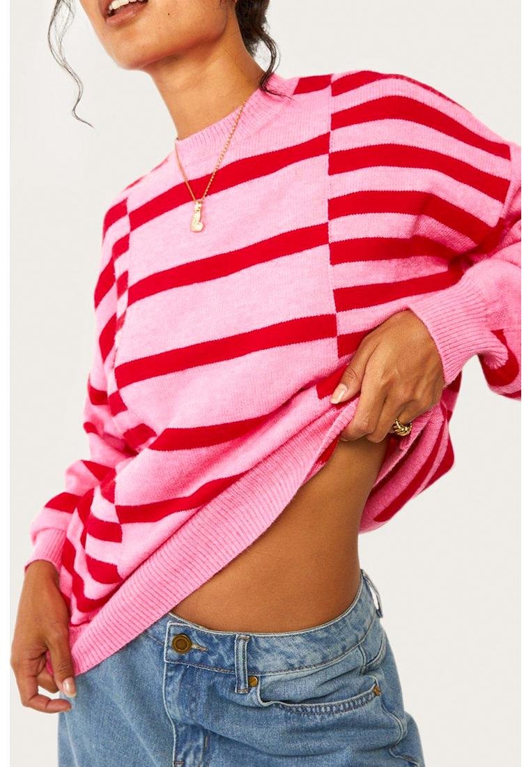 Thumbnail - Azura Exchange Rosa Streifen Bubble Sleeve Drop Shoulder Rippstrickpullover