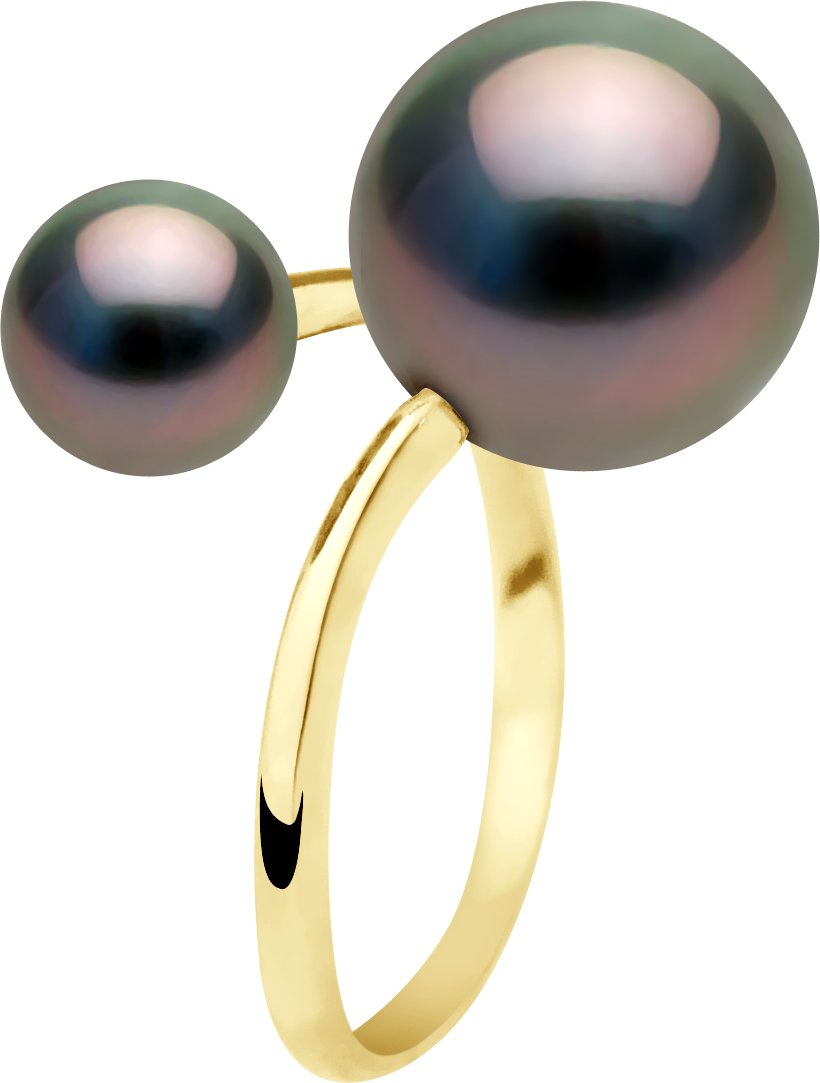 Ring Duo - Gelbgold - 2 echte Tahiti-Zuchtperlen rund 7-8 und 11-12 mm
