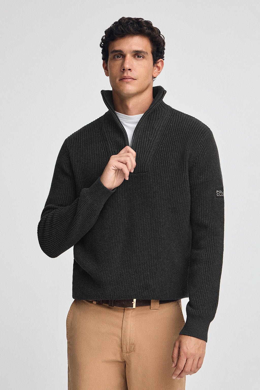 Pullover schwarz Fisherman‘s Rib mit Polo Club-Patch