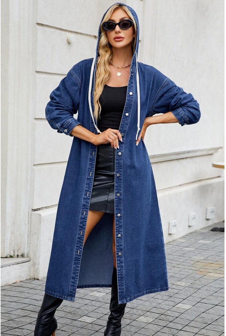 Damen Button-Up Langarm Longline Kapuzen Denim Outerwear
